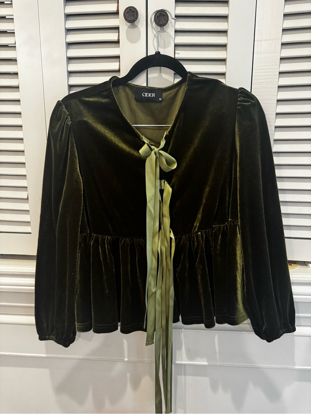Cider Olive Velvet Peplum Blouse with Sage Tie